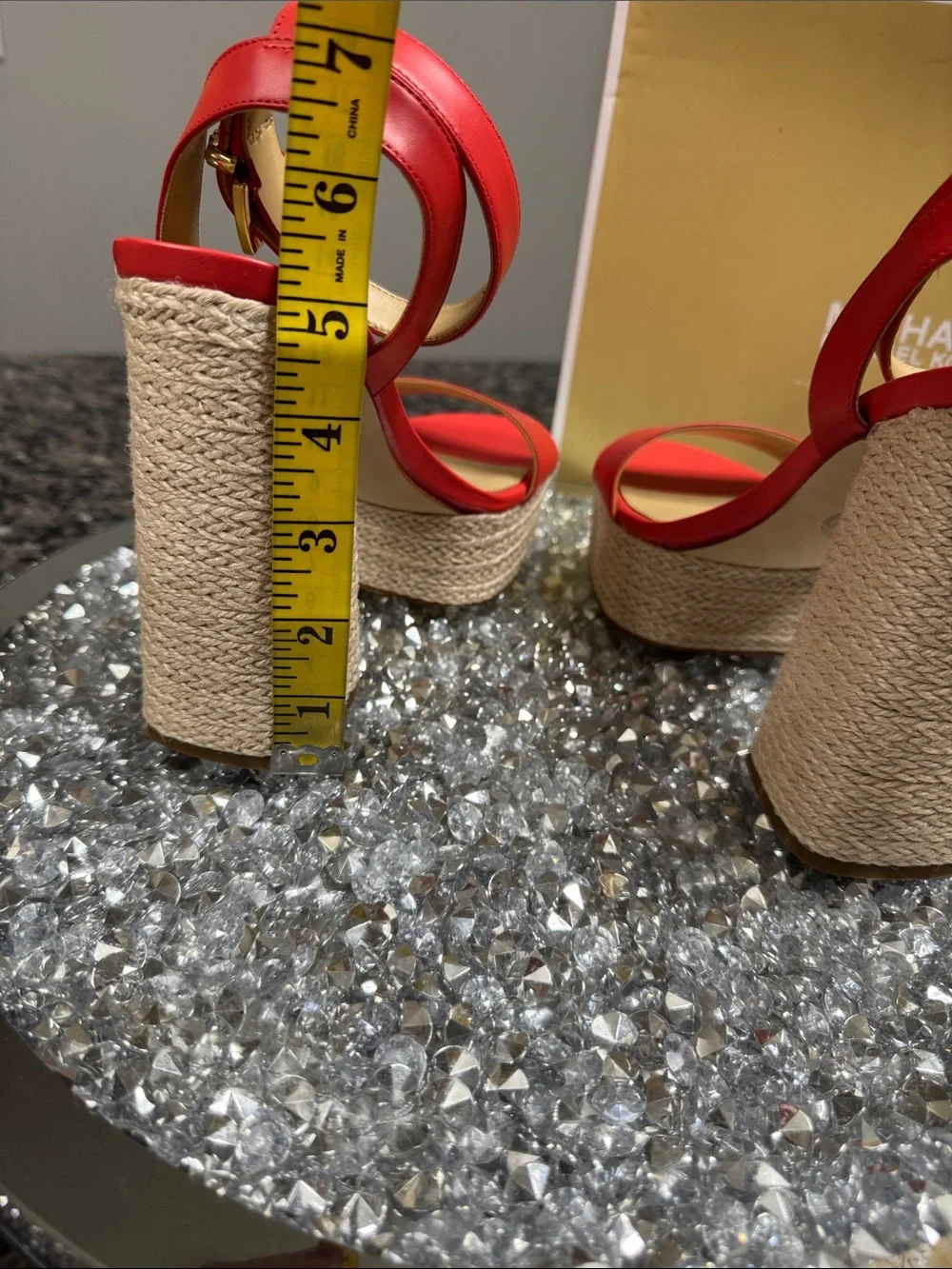 Michael Kors leather coral Red Platform Espadrille Heels with Gold Buckle logo
